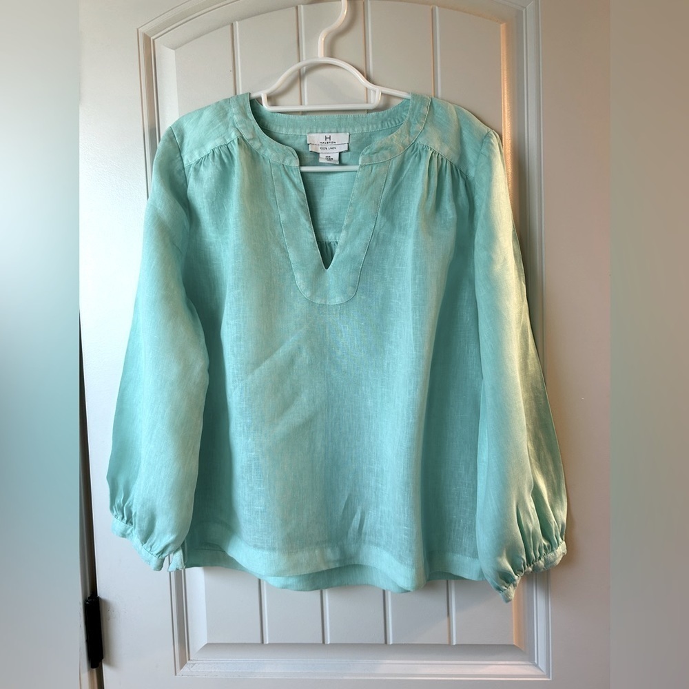 H by Halston Light Aqua 100% Linen Top